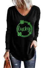 Load image into Gallery viewer, Black Glitter Lucky Clover Print Long Sleeve Top