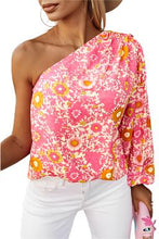 Load image into Gallery viewer, Pink Floral One Shoulder Pleated Bubble Sleeve Blouse