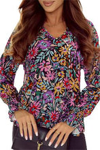 Load image into Gallery viewer, Multicolor Floral Print Ruffled Long Sleeve V-Neck Blouse