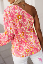 Load image into Gallery viewer, Pink Floral One Shoulder Pleated Bubble Sleeve Blouse