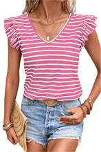 Load image into Gallery viewer, Pink Stripe Butterfly Sleeve V Neck Hollowed Knot Back T Shirt