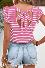 Load image into Gallery viewer, Pink Stripe Butterfly Sleeve V Neck Hollowed Knot Back T Shirt