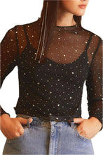 Load image into Gallery viewer, Black Rhinestone Sheer Mesh Slim Fit Long Sleeve Top
