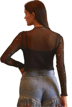 Load image into Gallery viewer, Black Rhinestone Sheer Mesh Slim Fit Long Sleeve Top