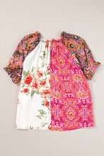 Load image into Gallery viewer, Multicolour Boho Floral Patchwork Buttoned Short Sleeve Blouse