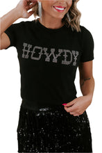 Load image into Gallery viewer, Black HOWDY Rhinestone Slim Fit Crew Neck T Shirt
