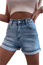 Load image into Gallery viewer, Blue Rhinestone Embellished Denim Shorts
