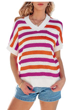 Load image into Gallery viewer, Stripe V Neck Short Sleeve Sweater with Side Slits