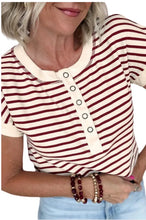 Load image into Gallery viewer, Burgundy Stripe Half Buttons Round Neck T Shirt