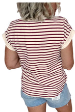 Load image into Gallery viewer, Burgundy Stripe Half Buttons Round Neck T Shirt