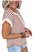 Load image into Gallery viewer, Burgundy Stripe Half Buttons Round Neck T Shirt