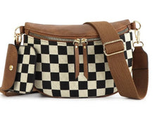 Load image into Gallery viewer, Brown PU Leather Checkered Knit Patchwork Wallet Attached Shoulder Bag