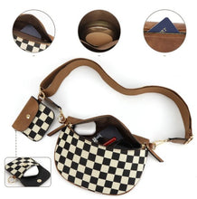 Load image into Gallery viewer, Brown PU Leather Checkered Knit Patchwork Wallet Attached Shoulder Bag