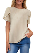 Load image into Gallery viewer, Beige Lace Trim Pleated Short Sleeve Top
