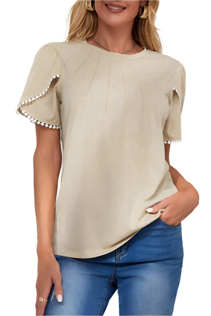 Beige Lace Trim Pleated Short Sleeve Top