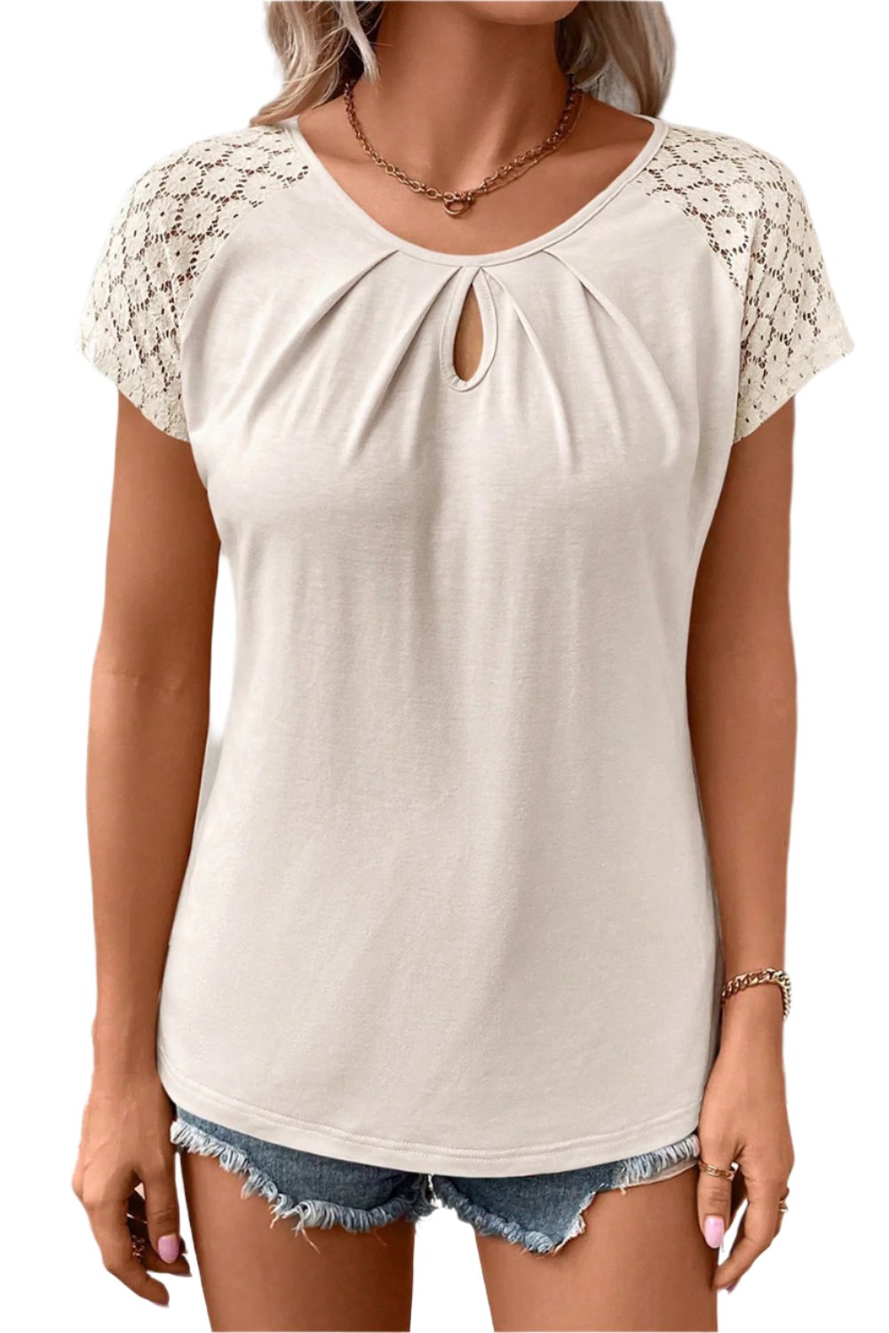 White  Lace Sleeve Keyhole  Top