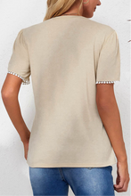 Load image into Gallery viewer, Beige Lace Trim Pleated Short Sleeve Top
