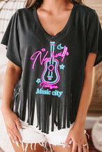 Load image into Gallery viewer, Black Nashville Guitar Print Fringed V Neck Graphic Tee
