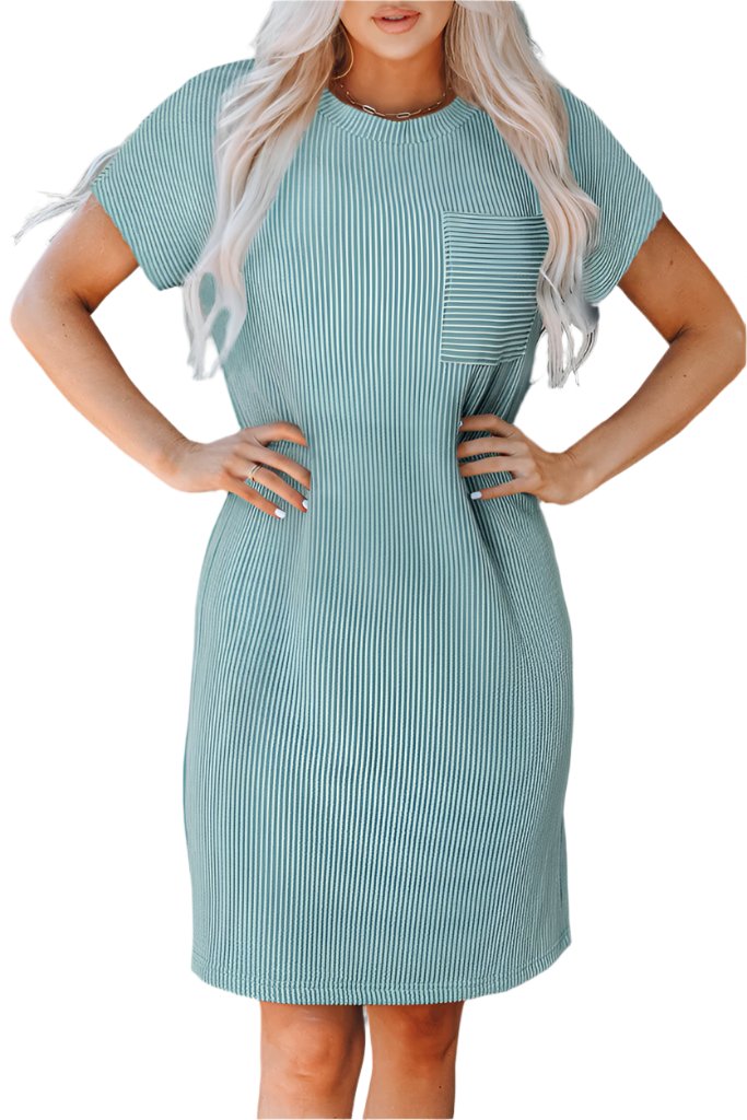 Teal Blue Striped Ribbed Knit  Shift Dress