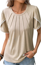 Load image into Gallery viewer, Beige Lace Trim Pleated Short Sleeve Top
