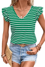 Load image into Gallery viewer, Green Stripe Butterfly Sleeve V Neck Hollowed Knot Back Top
