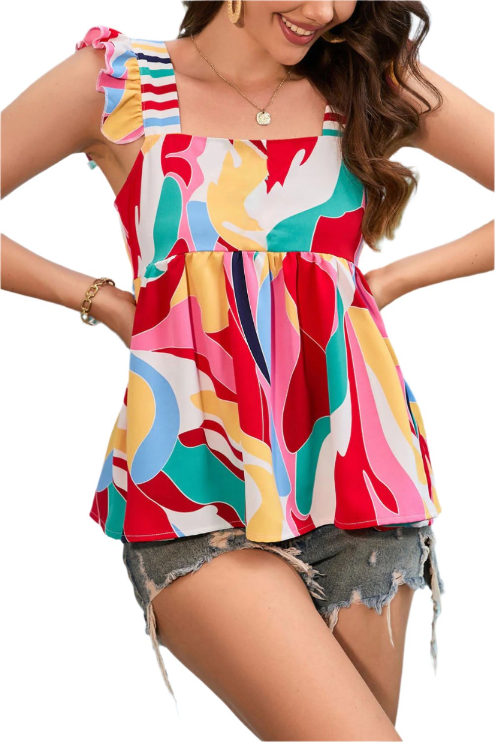 Multicolor Square Neck Abstract Print Tank Top