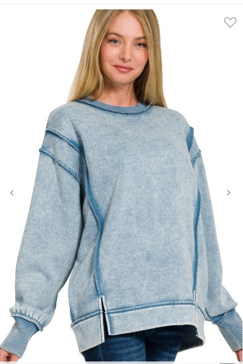 Acid Wash Exposed-seam Fleece Sweatshirt