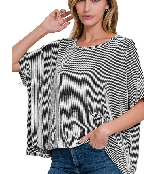 Ribbed Striped Oversized Short Sleeve Top