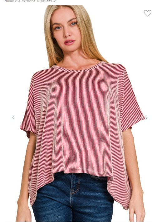 Ribbed Striped Oversized Short Sleeve Top