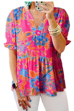 Load image into Gallery viewer, Floral Print Puff Sleeve V Neck Blouse
