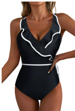 Load image into Gallery viewer, Black Color Contrast Ruffled Wrap V Neck Swimsuit

