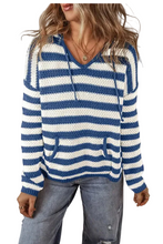 Load image into Gallery viewer, Blue Stripe V Neck Pocketed Drawstring Hooded Sweater
