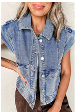 Load image into Gallery viewer, Blue Acid Wash Elastic Hem Button Up Denim Vest
