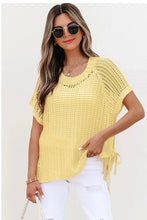 Load image into Gallery viewer, Yellow Cream Hollow-out Crochet Side Tied Short Sleeve Sweater
