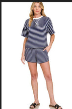 Load image into Gallery viewer, Navy Striped round neck tee &amp; shorts set

