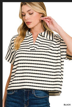 Load image into Gallery viewer, Black Striped split neck collared top
