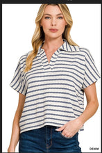 Load image into Gallery viewer, Denim Striped split neck collared top
