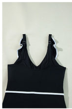 Load image into Gallery viewer, Black Color Contrast Ruffled Wrap V Neck Swimsuit
