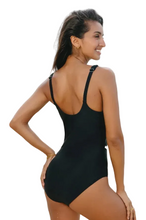 Load image into Gallery viewer, Black Color Contrast Ruffled Wrap V Neck Swimsuit
