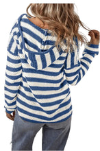 Load image into Gallery viewer, Blue Stripe V Neck Pocketed Drawstring Hooded Sweater

