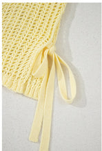 Load image into Gallery viewer, Yellow Cream Hollow-out Crochet Side Tied Short Sleeve Sweater
