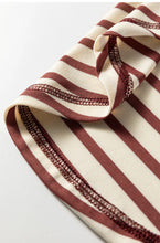 Load image into Gallery viewer, Burgundy Stripe Half Buttons Round Neck T Shirt
