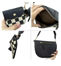 Load image into Gallery viewer, Black PU Leather Checkered Knit Patchwork Wallet Attached Shoulder Bag
