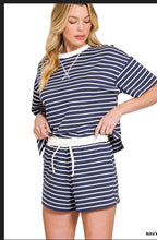 Load image into Gallery viewer, Navy Striped round neck tee &amp; shorts set
