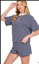 Load image into Gallery viewer, Navy Striped round neck tee &amp; shorts set
