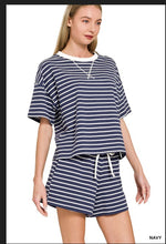 Load image into Gallery viewer, Navy Striped round neck tee &amp; shorts set
