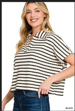 Load image into Gallery viewer, Black Striped split neck collared top
