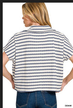 Load image into Gallery viewer, Denim Striped split neck collared top

