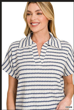 Load image into Gallery viewer, Denim Striped split neck collared top
