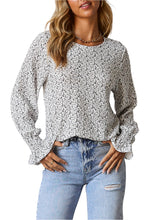 Load image into Gallery viewer, Blue Floral Printed Crinkled Ruffled Bubble Sleeve Blouse
